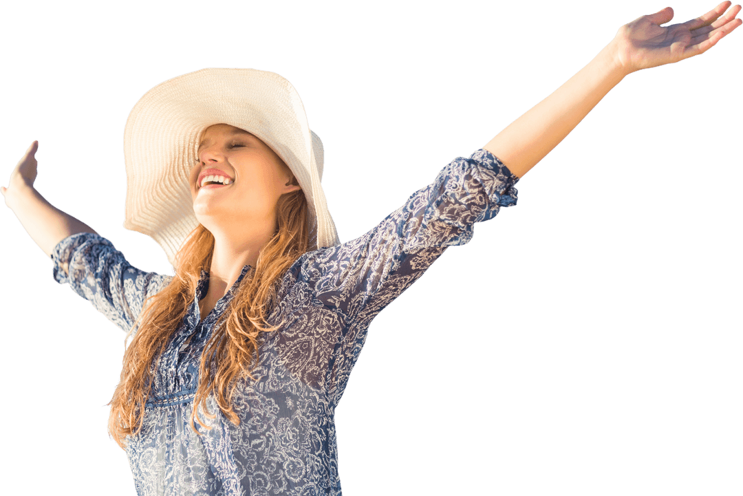 Joyful Caucasian Woman with Hat on Transparent Background