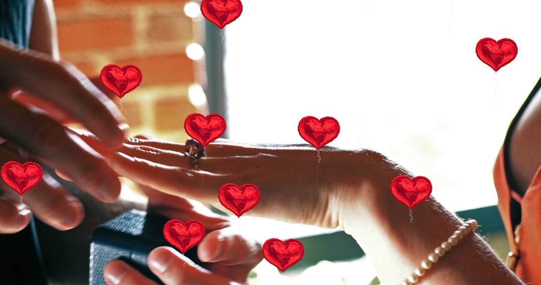 Romantic Proposal with Hearts and Wedding Ring Exchange