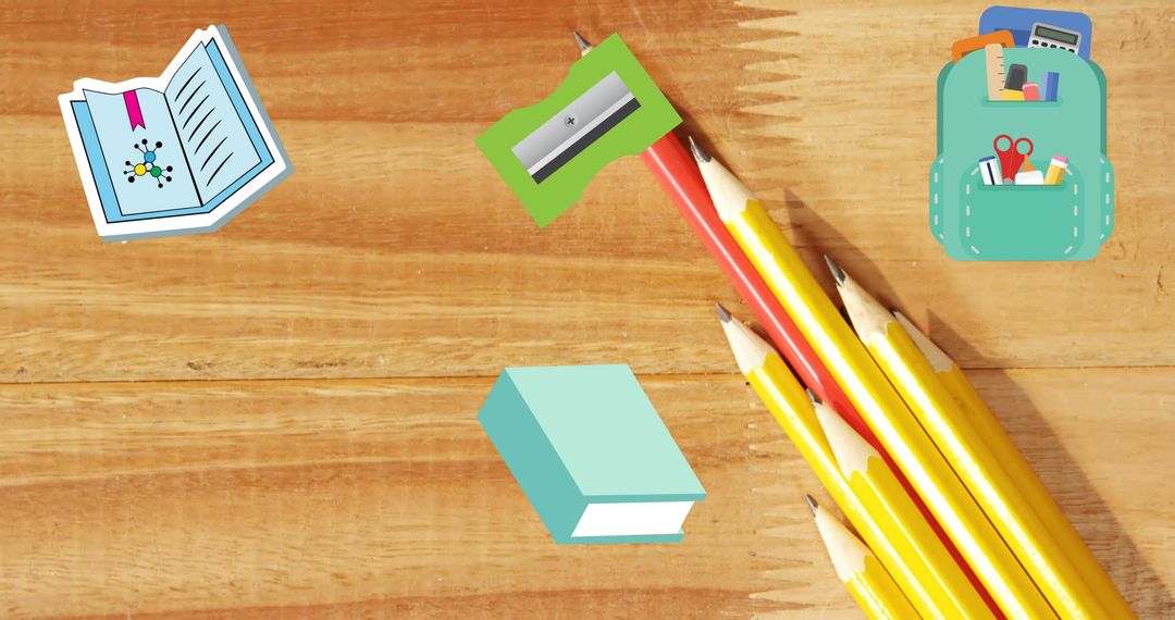 Educational Stationery and Symbols on Wooden Desk