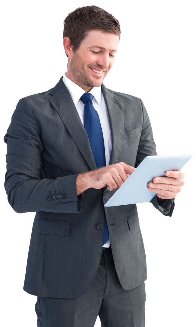 Businessman in Suit Using Tablet Smiling with Transparent Background