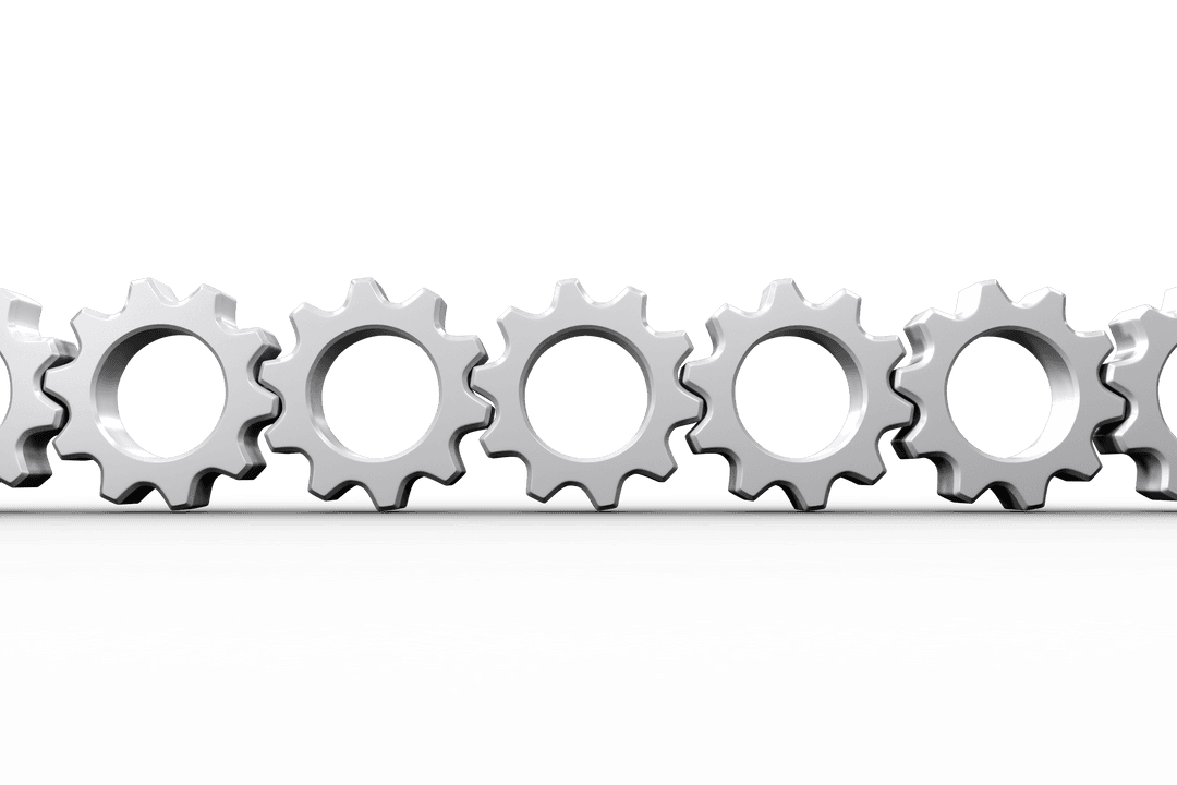 Connected transparent white cogs aligned in a row