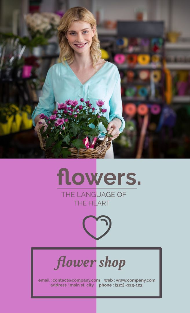 Cheerful Florist Holding Flower Basket in Flower Shop Interior - Download Free Stock Templates Pikwizard.com