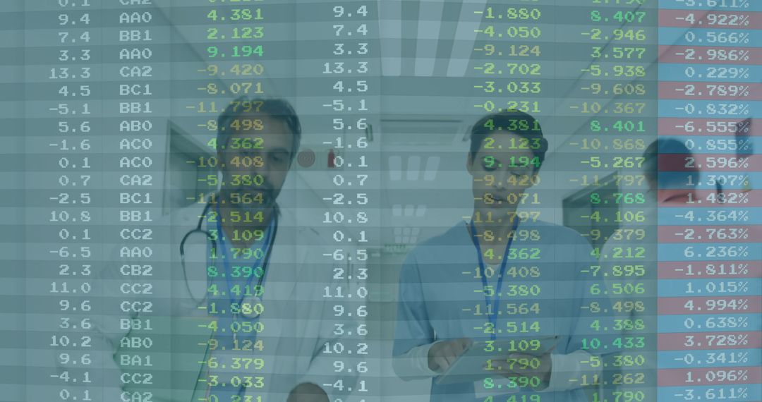 Healthcare Professionals Analyzing Financial Data Overlay in Hospital
