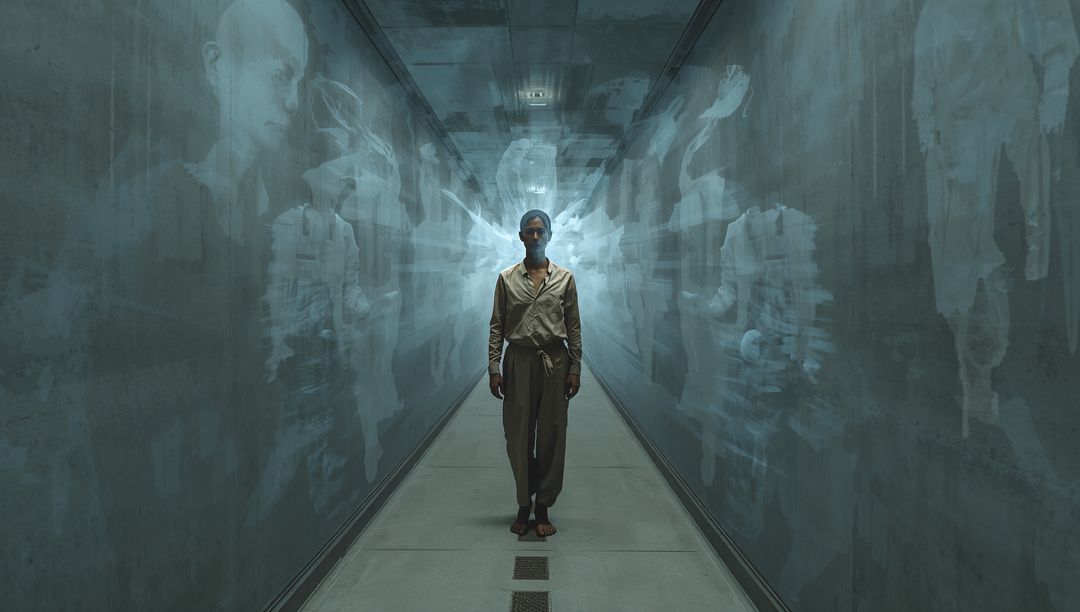 Man standing centered in immersive projection corridor with ethereal halo and silhouette