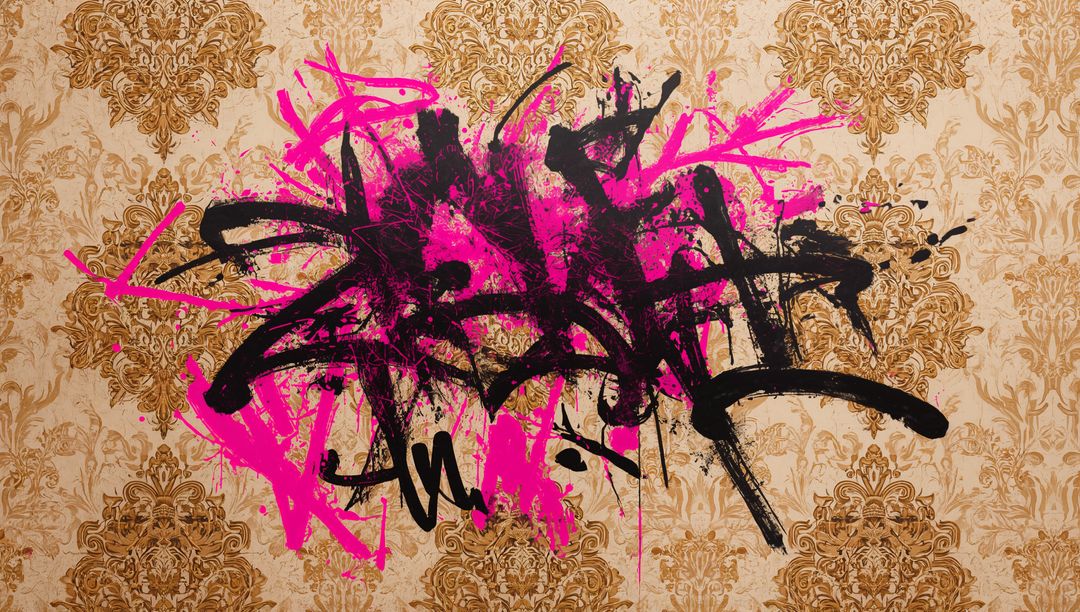 Magenta and Black Graffiti Splash Over Vintage Damask Wallpaper with Paint Drips
