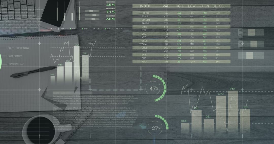 Digital Financial Data Display on Wooden Desk