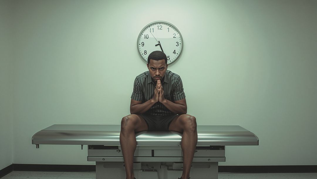 Man Sitting Thoughtfully on Examination Table in Clinical Room