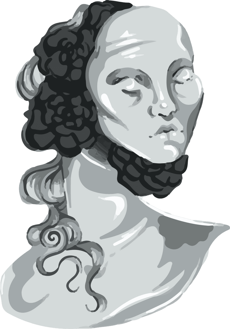Abstract Greyscale Bust on Transparent Background with Curly Hair
