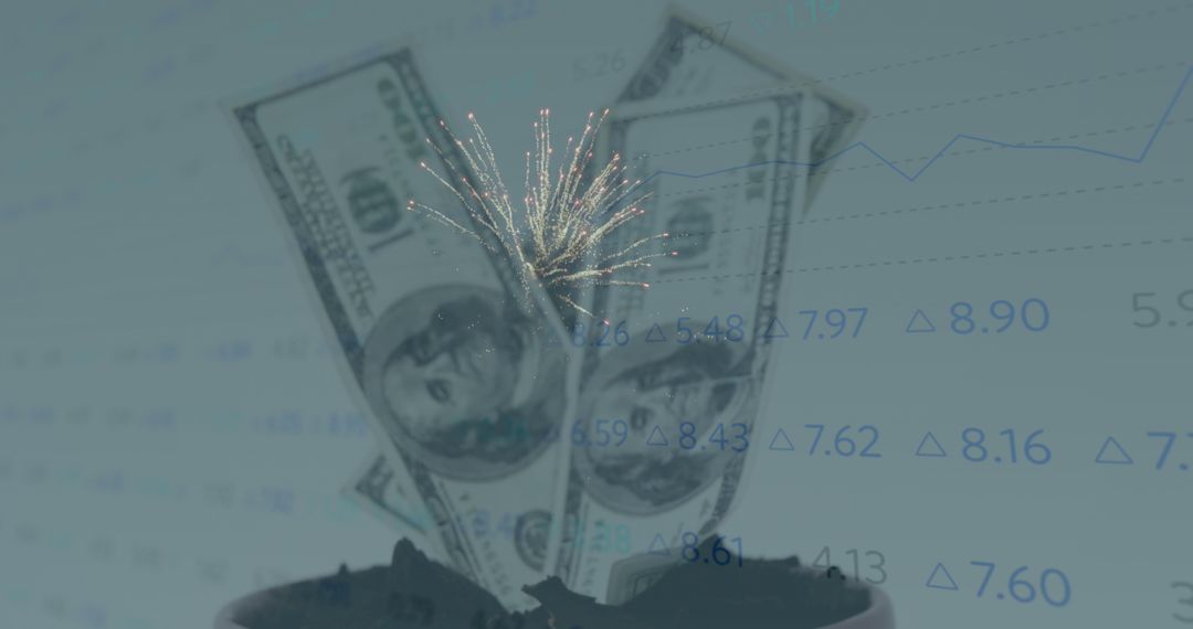 Dynamic Stock Market with Dollar Bills and Fireworks Celebration