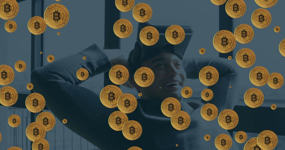 Person Wearing VR Headset Surrounded by Bitcoin Symbols in Virtual Reality