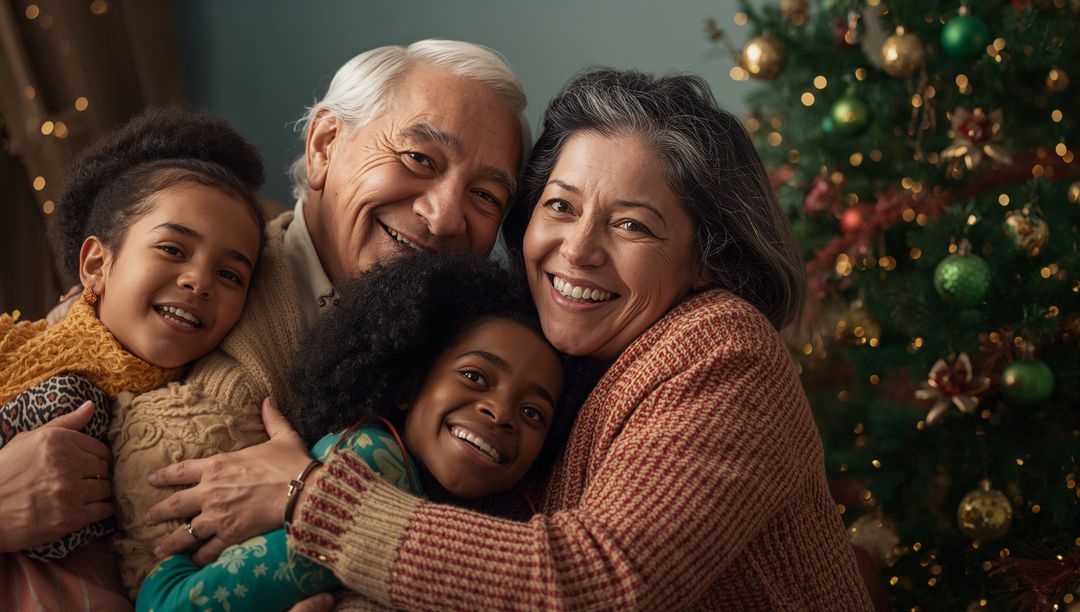 Joyful Grandparents Hugging Grandchildren by Christmas Tree