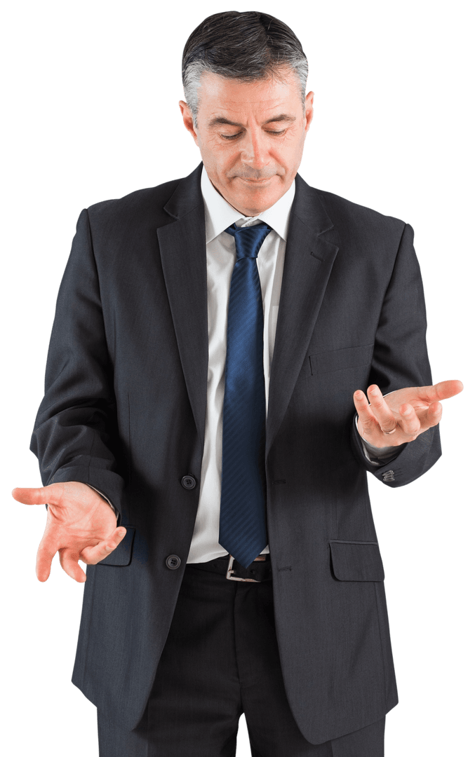 Mature Businessman in Suit Holding Hands Out, Transparent Background