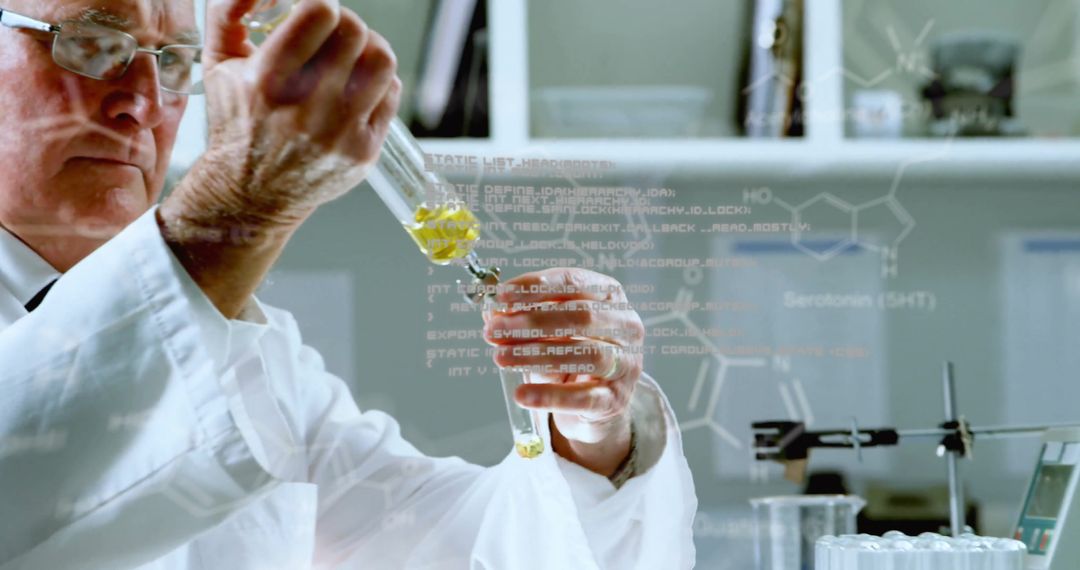 Senior Scientist Conducting Chemical Experiment with Digital Overlay