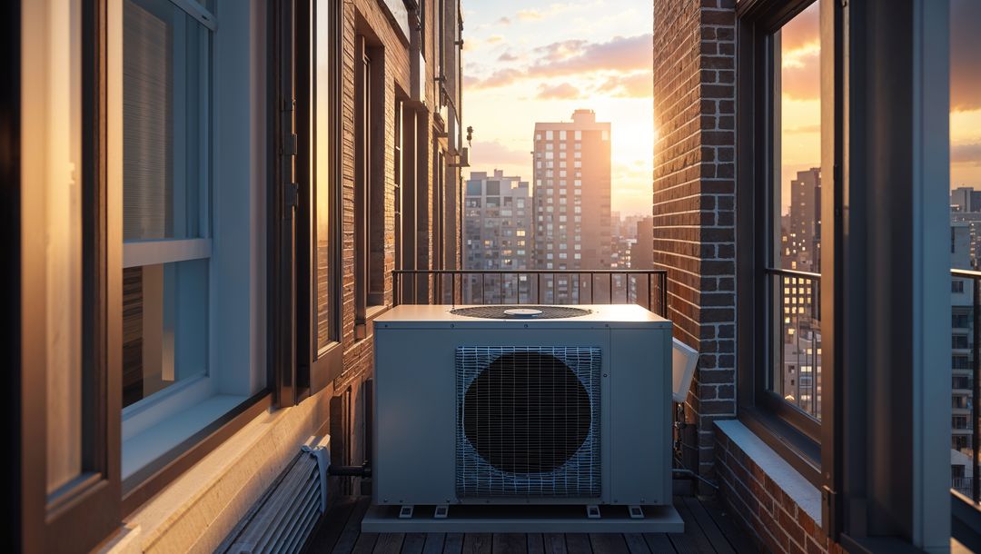 Urban Balcony with Air Conditioner Unit at Sunset