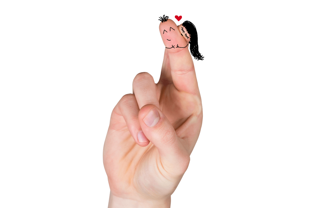 Caucasian Hand with Cute Cartoon Couple on Transparent Background