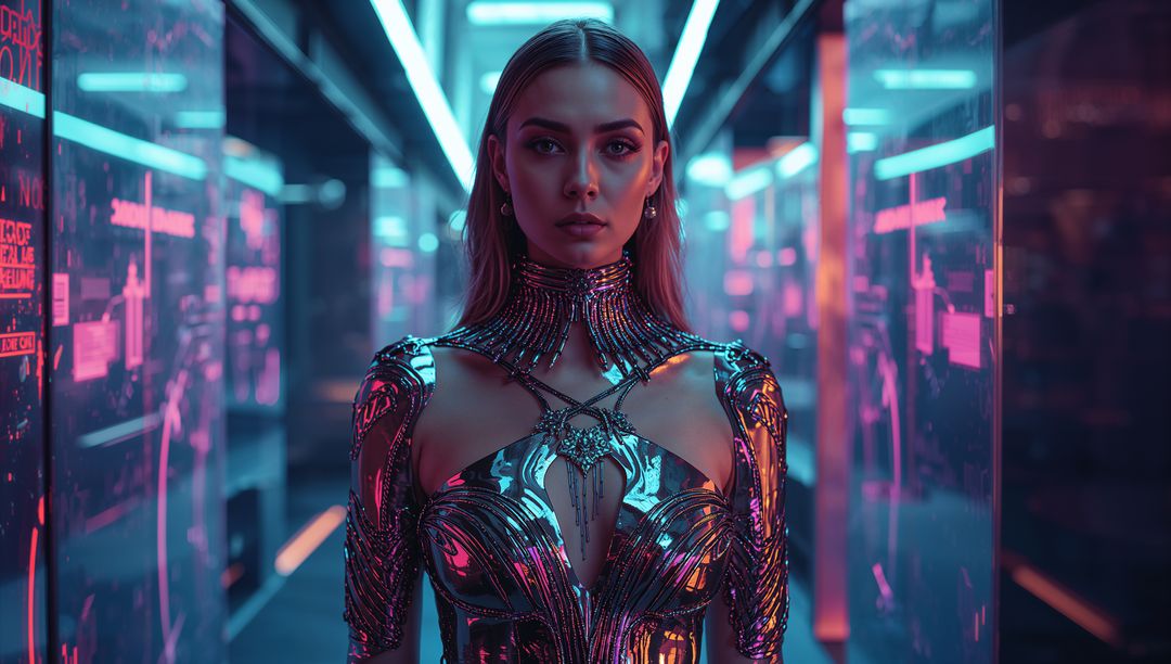 Futuristic Female Android in Digital Lab Environment