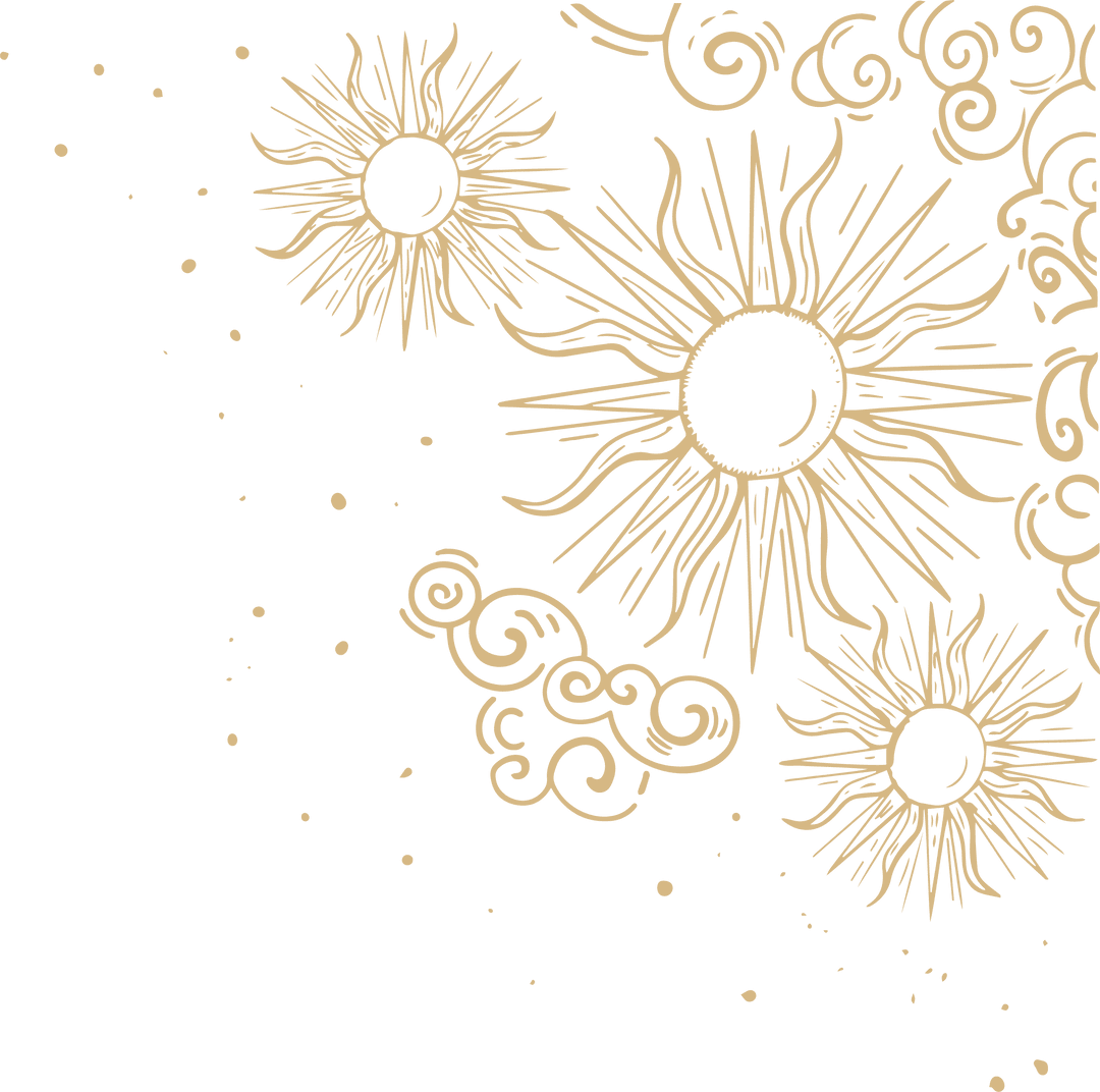 Abstract Decorative Suns with Swirls and Sparkles on Transparent Background