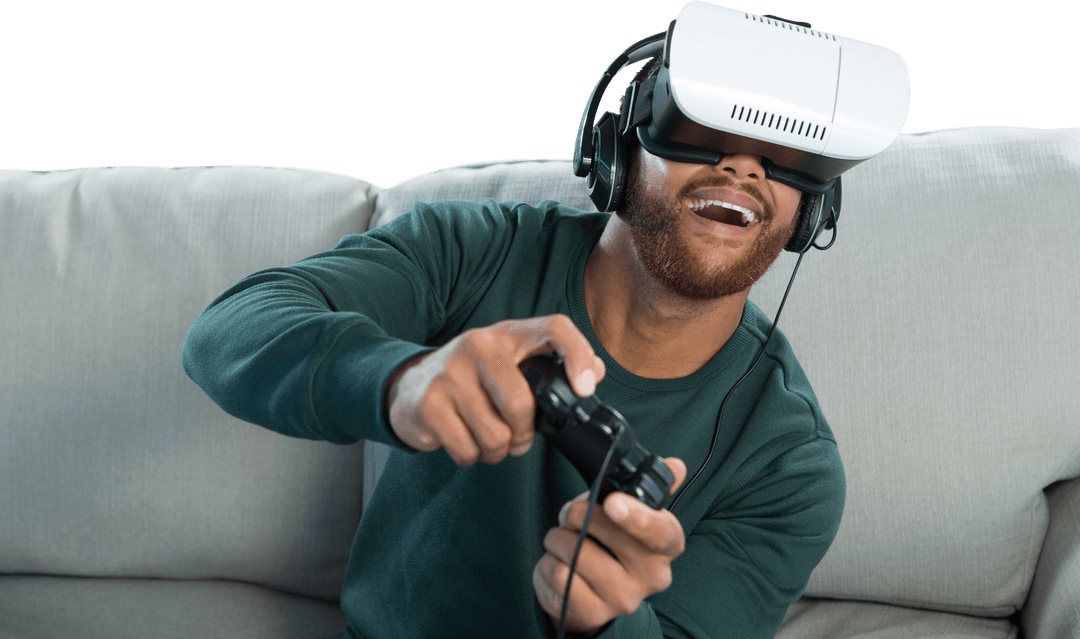 Joyful Man Engaged with Virtual Reality Headset on Couch