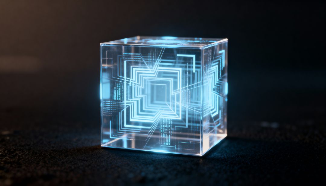 Futuristic Transparent Crystal Cube Emitting Cyan Holographic Circuitry