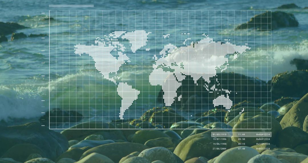 Digital World Map Overlay at Rocky Ocean Shore by Mathematical Codes