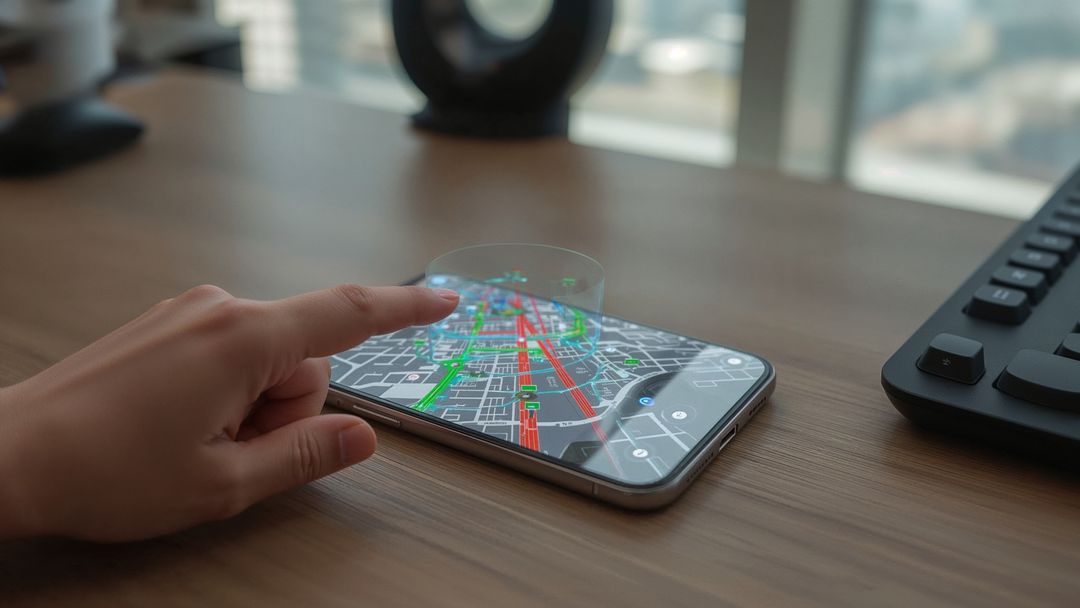 Futuristic Map Navigation on Smartphone Screen Next to Keyboard