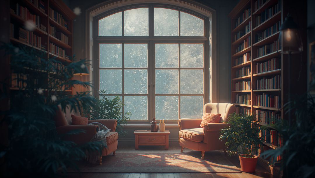 Cozy Library Nook with Snowy Window and Armchairs Creating Hygge Ambience