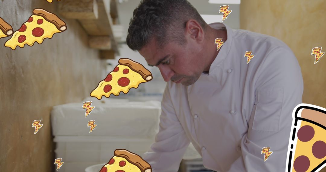 Chef Creating Pizza with Fun Pizza Icons Overlay