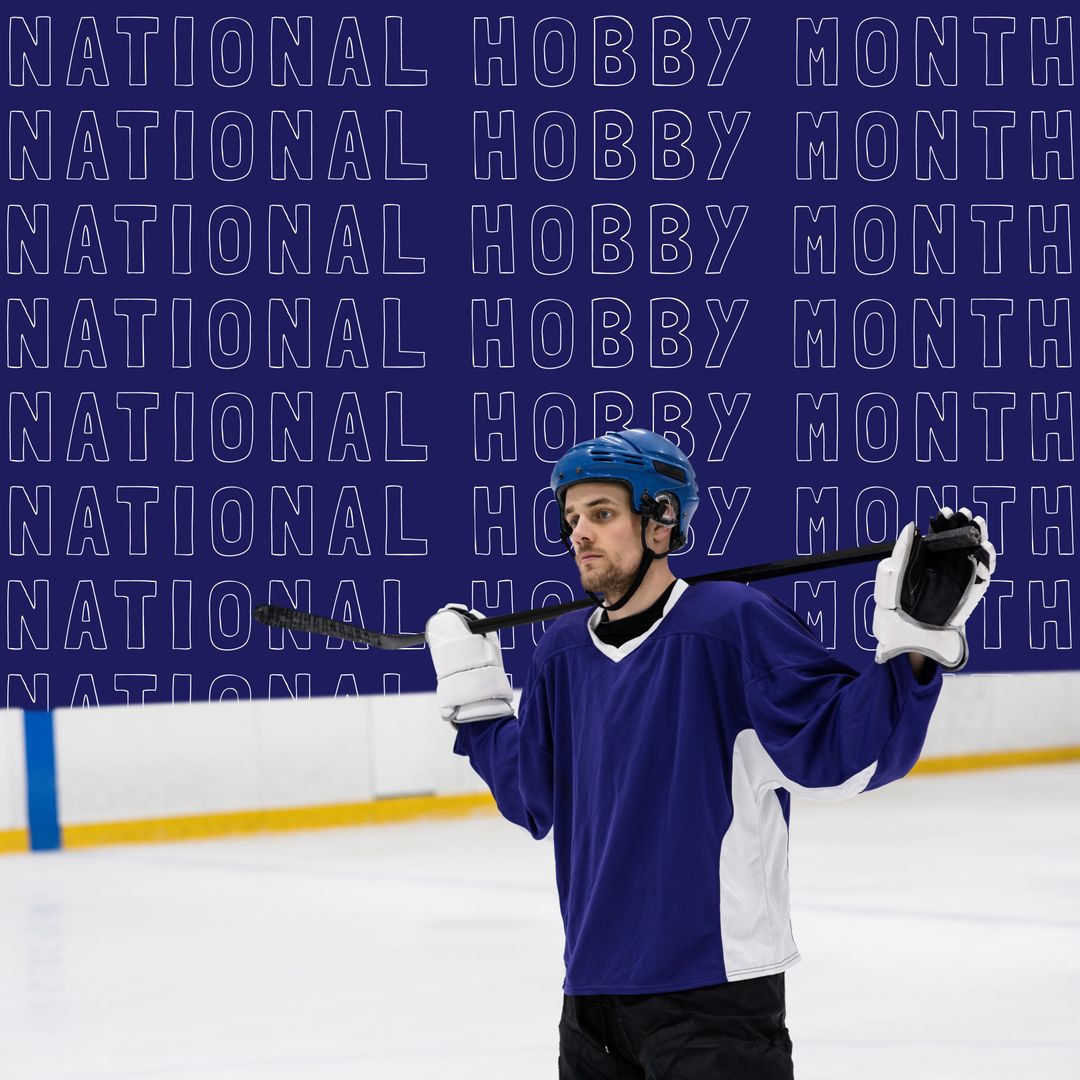 Focused Hockey Player on Ice Rink Celebrates National Hobby Month