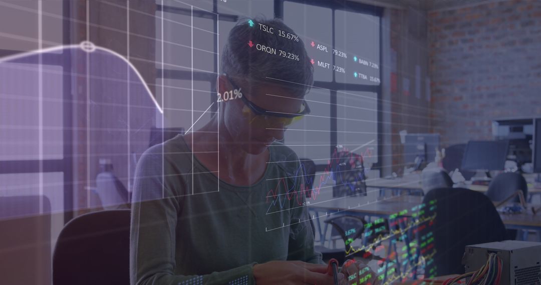 Female Engineer Working with Stock Market Data in Modern Office Environment