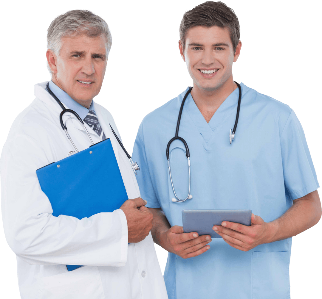 Caucasian Doctor and Nurse Holding Tablet on Transparent Background