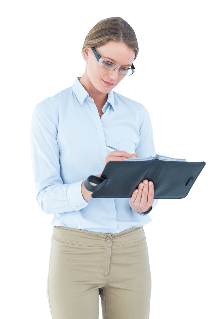 Transparent Businesswoman Writing in Diary with Glasses