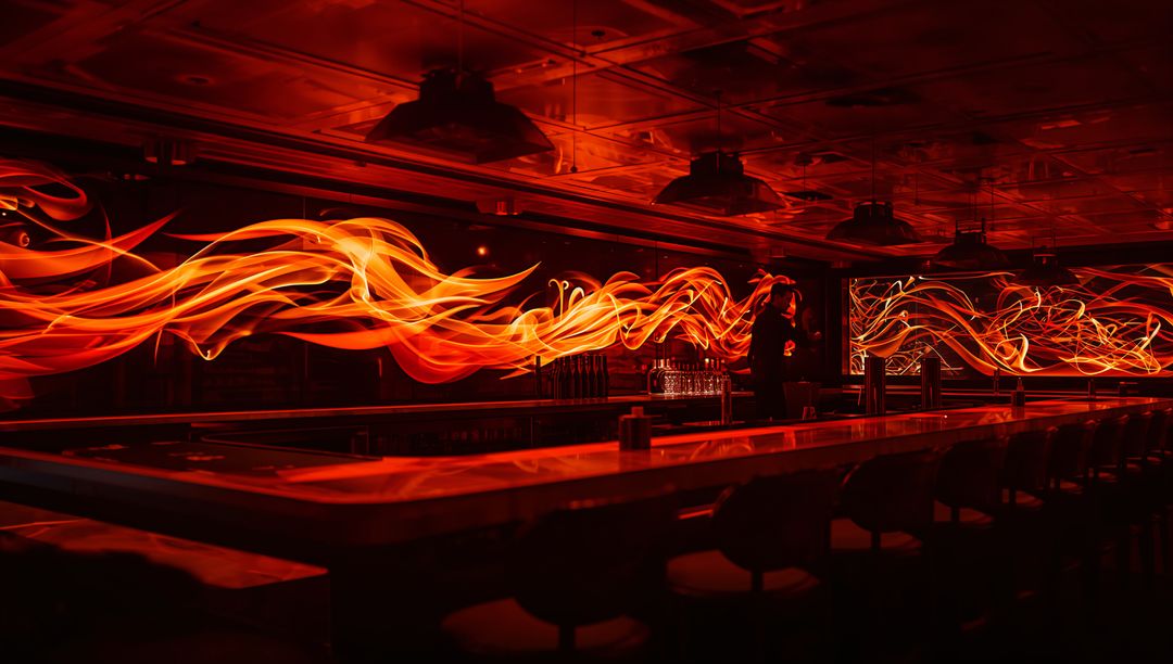 Neon Flame Light Trails Flowing Through Dark Lounge Bar Reflecting on Polished Counter