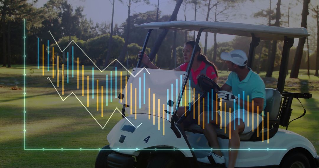 Friends Exploring Course, Golf Cart Overlay with Data Visuals