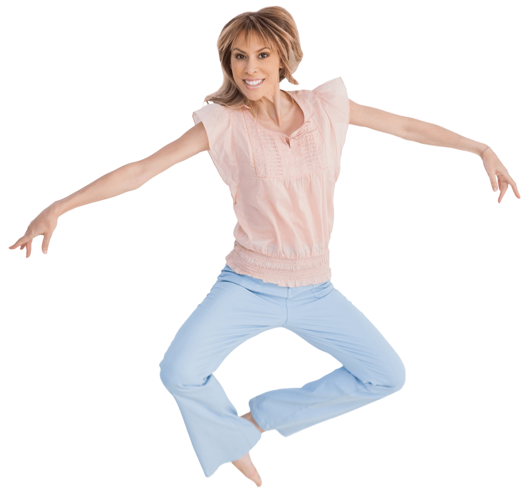 Cheerfully Jumping Woman with Open Arms on Transparent Background
