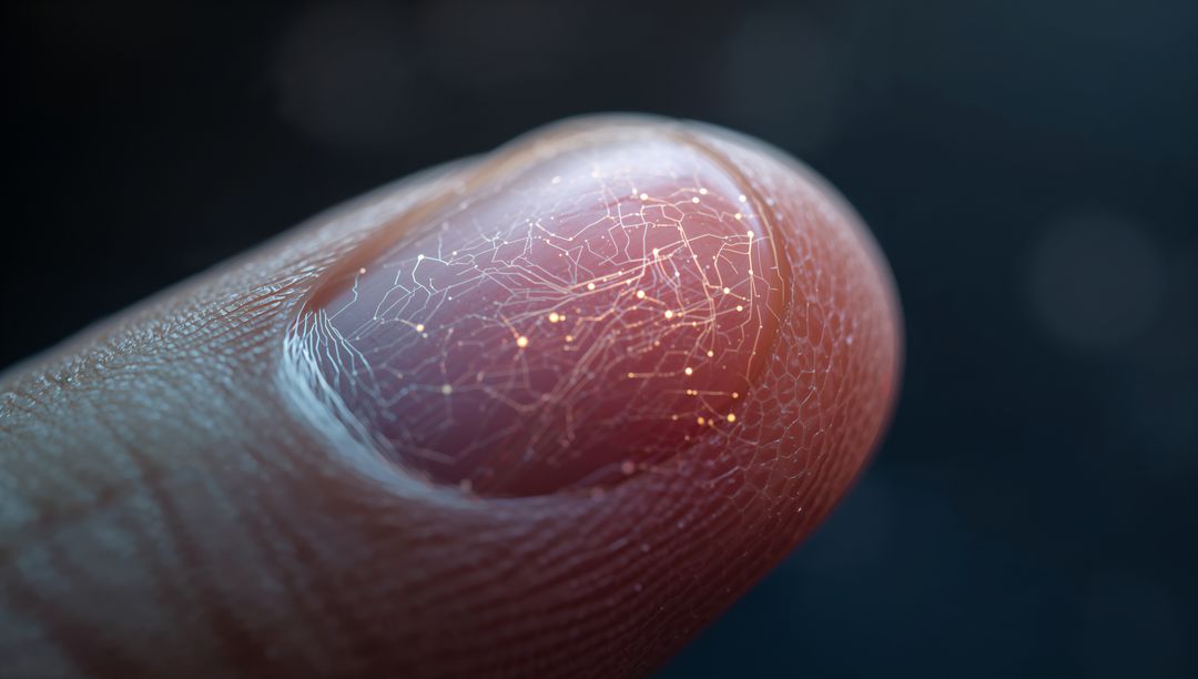 Glowing Microcircuit Mapping on Fingertip Nail Close-Up for Biometric and Tech Concepts