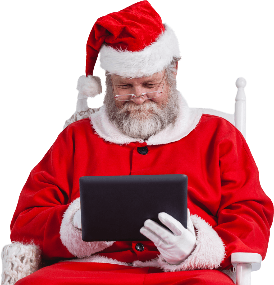 Transparent Santa Claus Engaged with Digital Tablet Tech