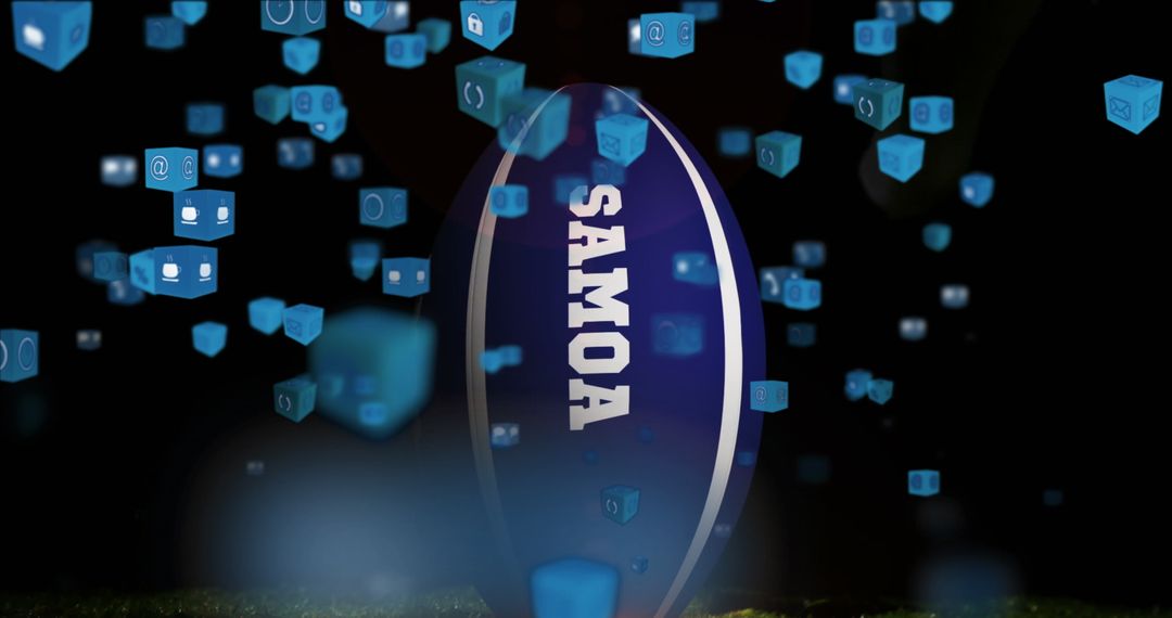Rugby Ball with Samoa Branding and Floating Media Icons