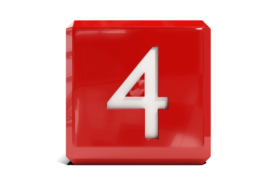 Red Number Four Sign on Transparent Background with Digital Style