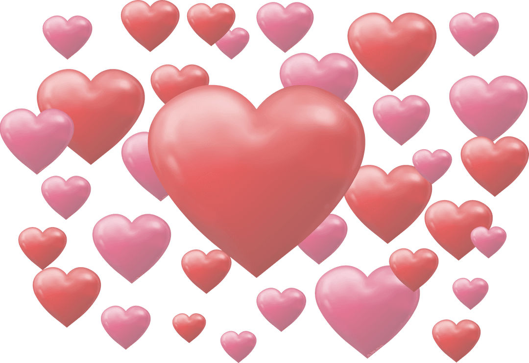 Floating Red and Pink Hearts Illustration on Transparent Background