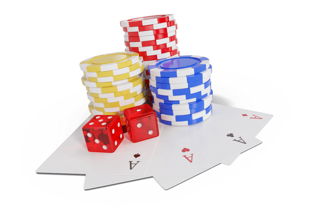 Transparent Poker Chips with Playing Cards and Dice Arrangement