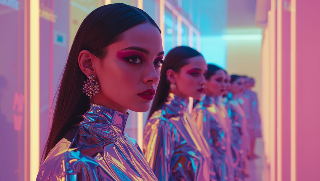 Futuristic Fashion Model in Neon Lit Corridor with Metallic Attire and Earrings