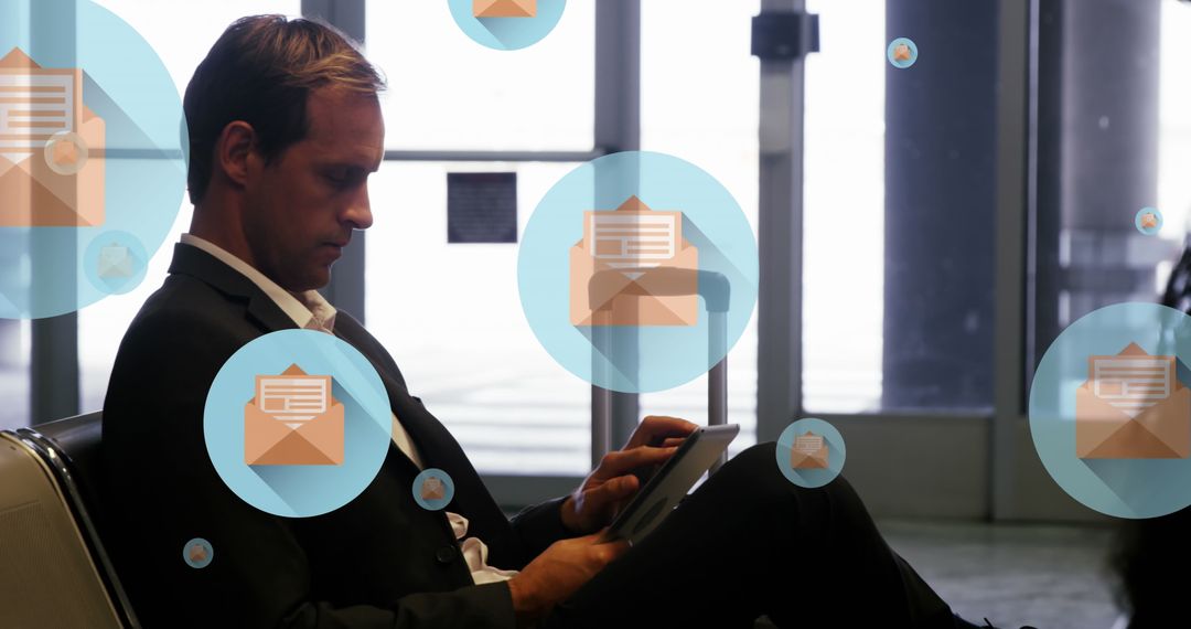 Businessman Using Tablet at Airport with Message Icons