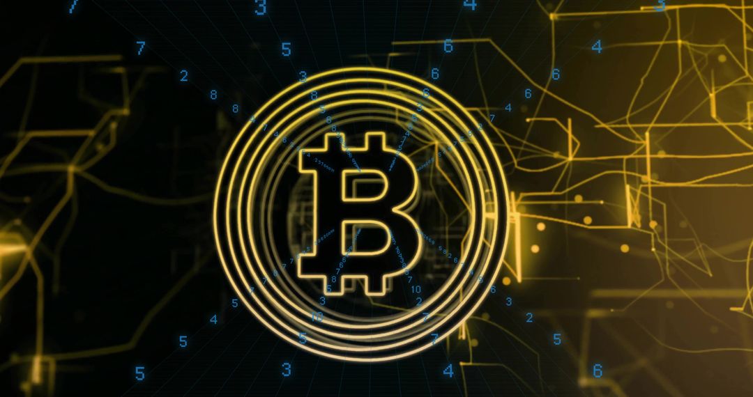 Pulsing Gold Bitcoin Symbol Rotating in Concentric Rings on Futuristic Digital Network
