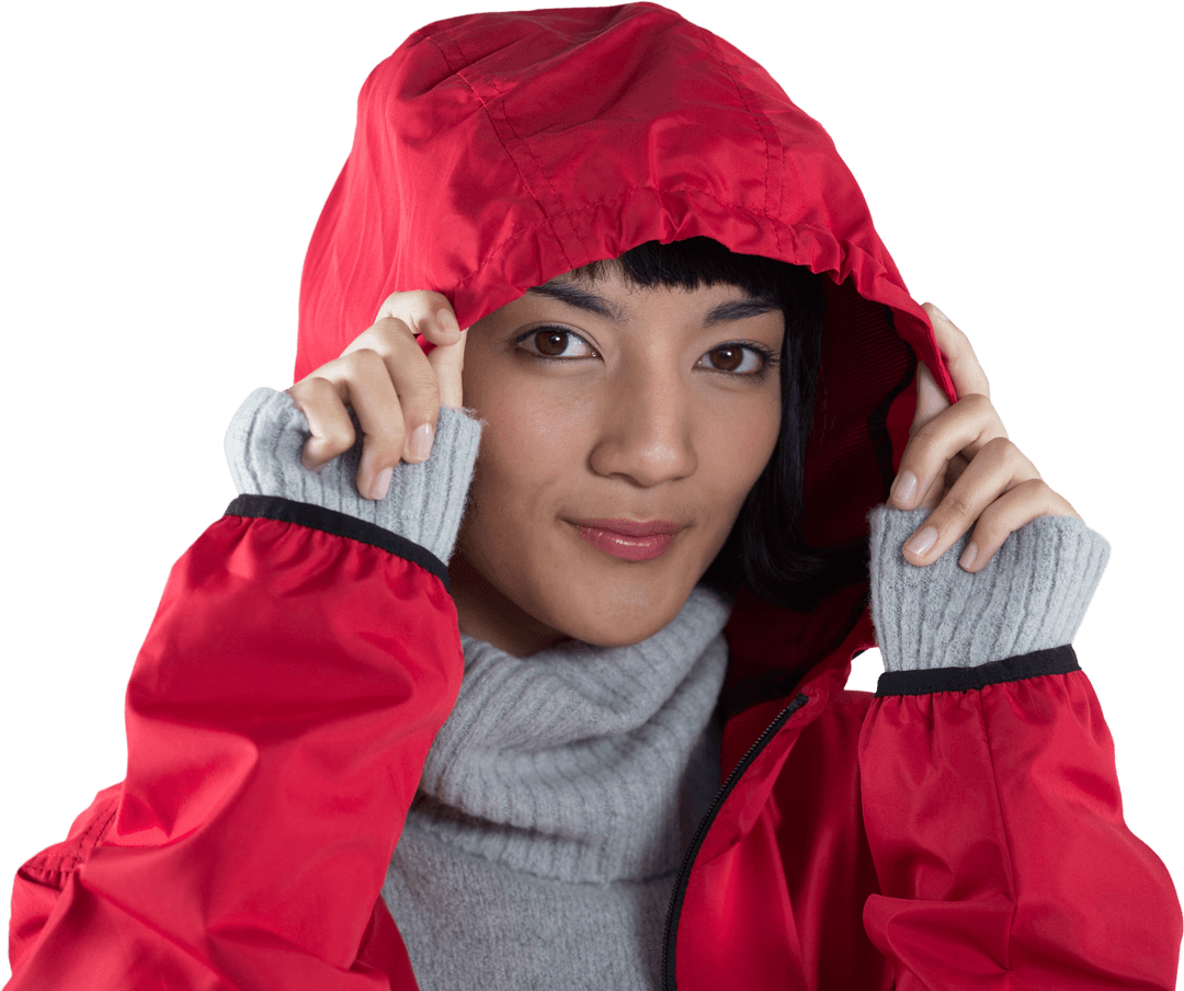 Smiling Woman Wearing Red Hooded Jacket with Transparency