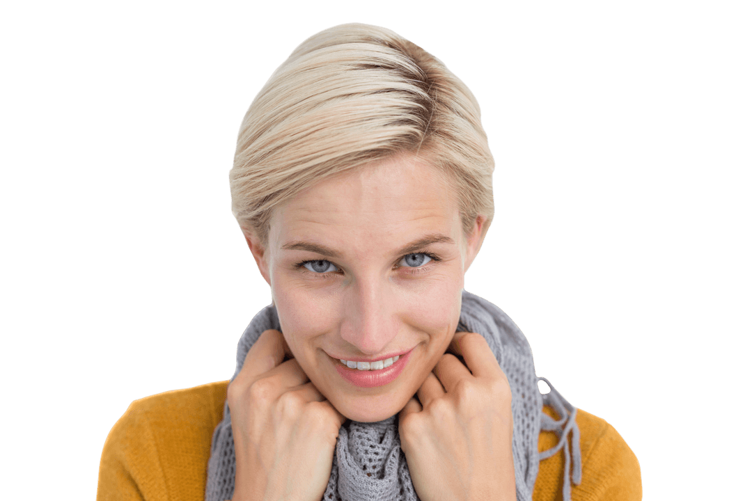 Smiling Woman in Cosy Scarf on Transparent Background