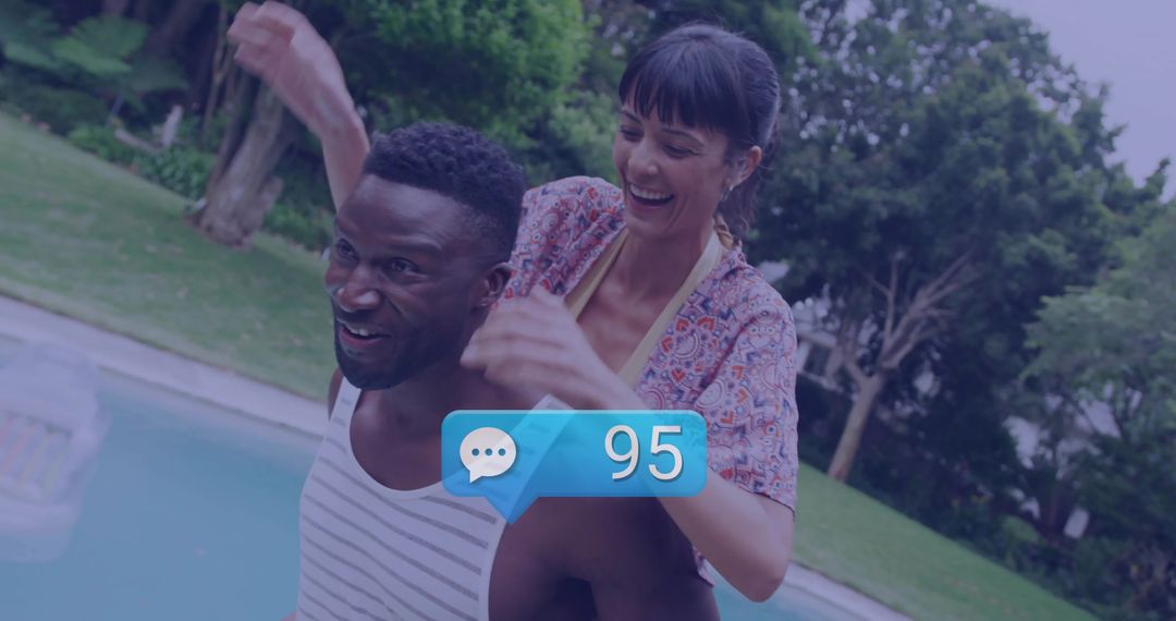 Joyful Couple Relaxing by Pool with Chat Bubble Overlay