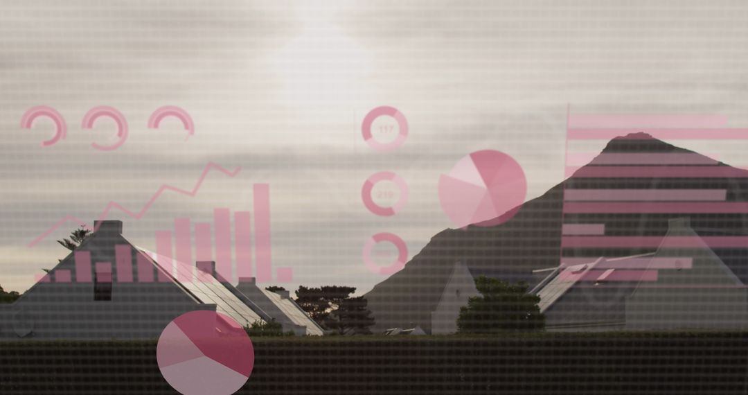 Digital Interface Over Houses and Mountains at Sunset