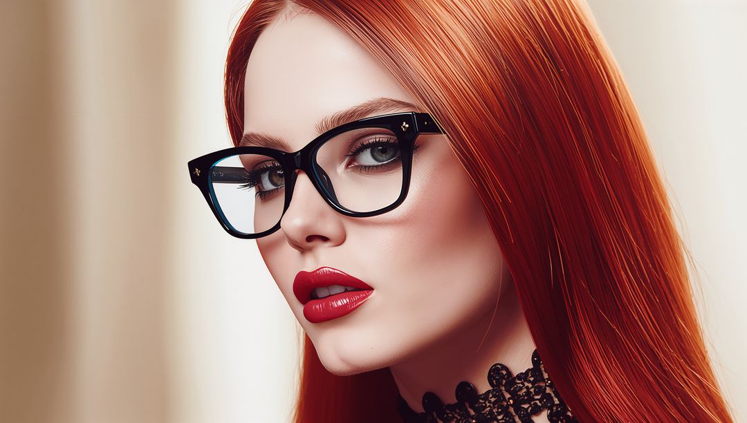 Stylish Redhead Model with Glasses and Lace Choker in Studio Portrait