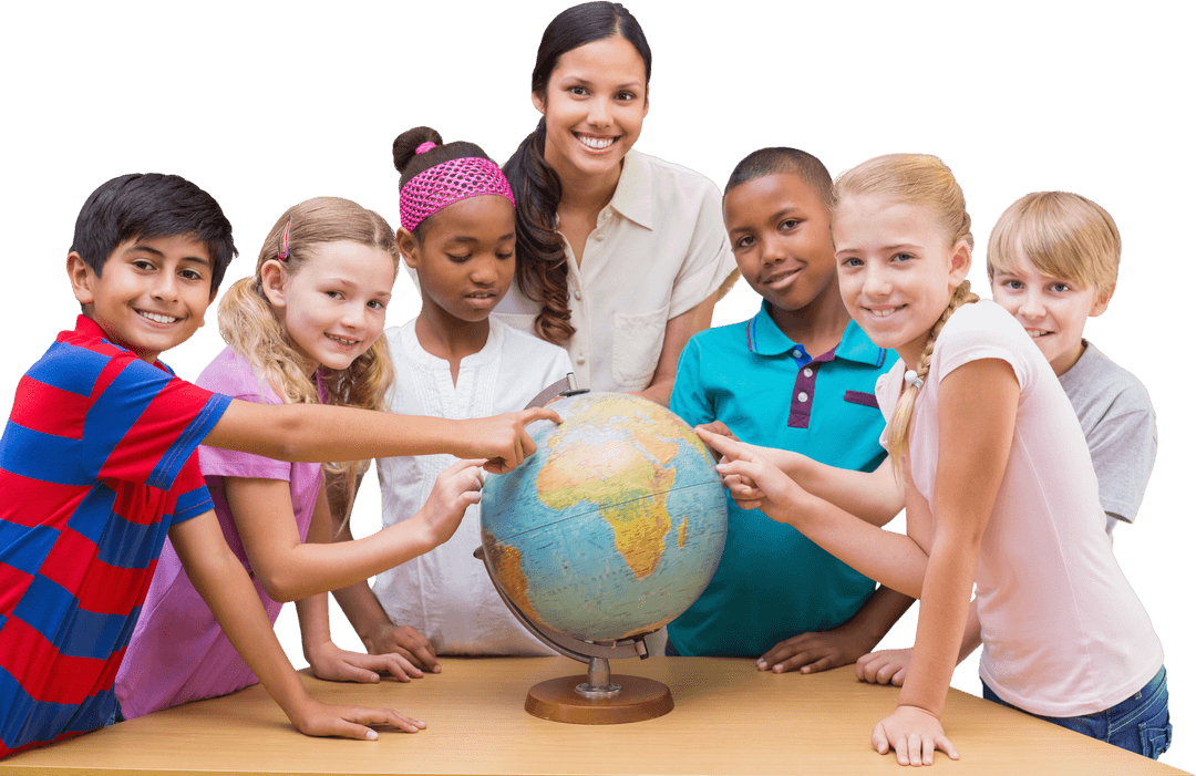 Students Exploring Globe with Teacher in Classroom Transparent Background
