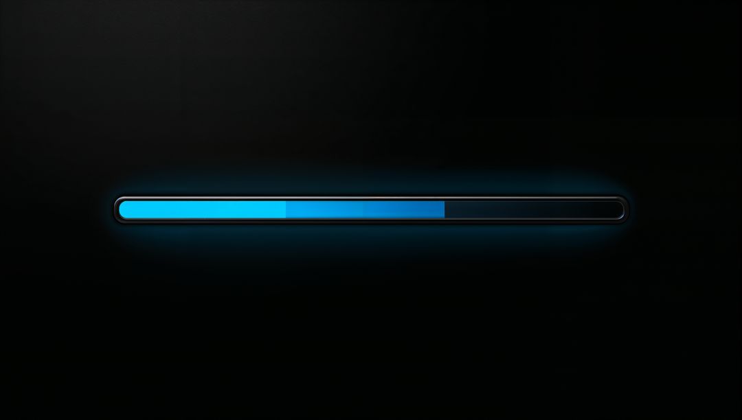 Minimal glowing cyan-blue progress bar loading on dark glossy interface